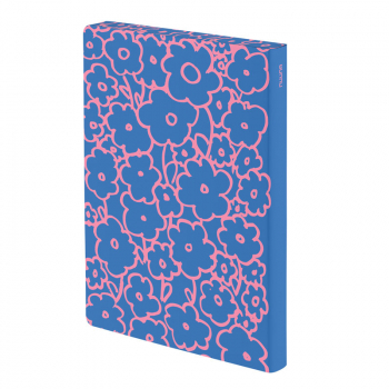 Nuuna, Notizbuch,Flex-Cover aus recyceltem Leder Seiten Punktraster,Flower Power, bedruckt Blumenmotiv blau-rosa